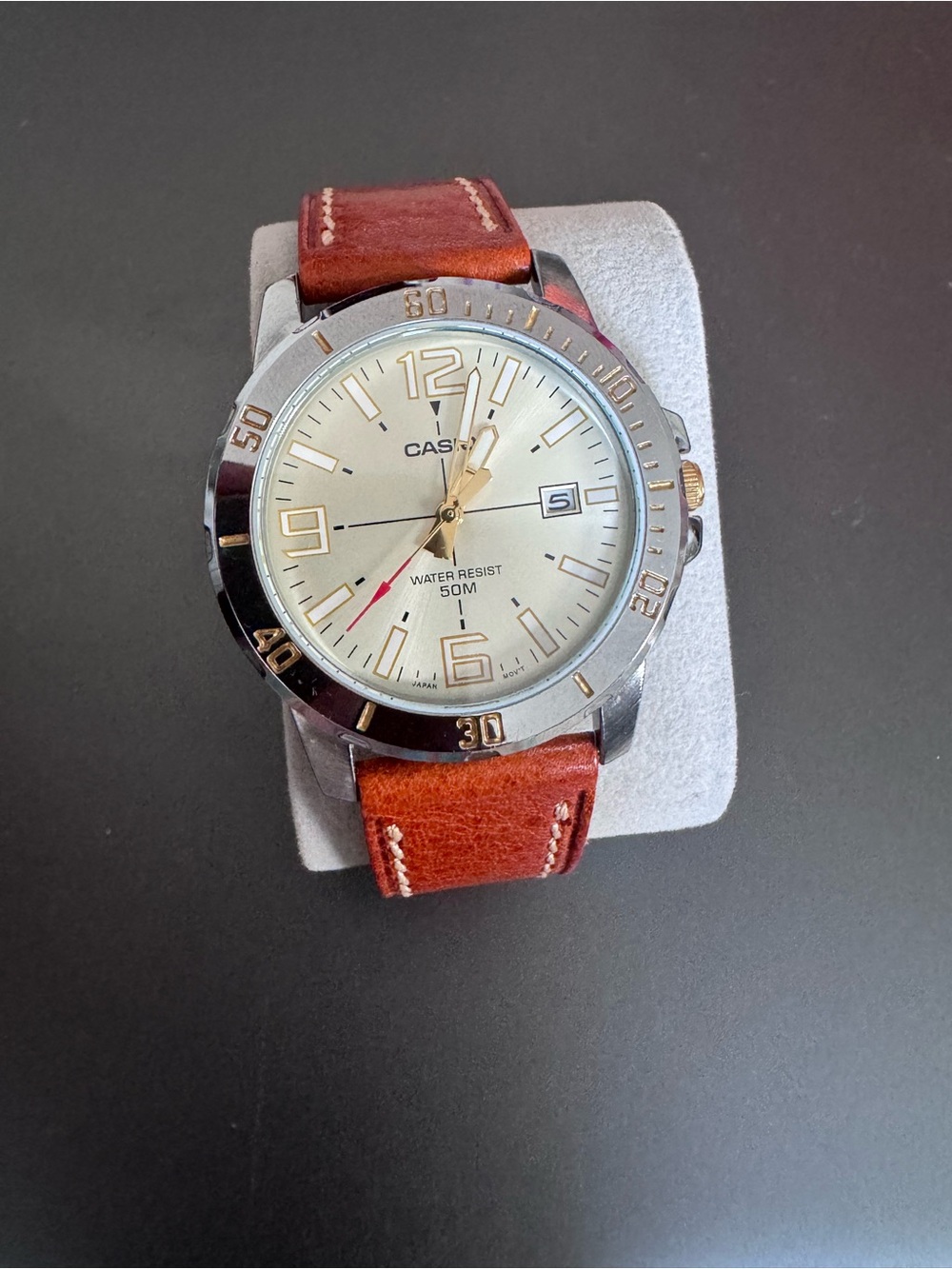 Casio Men's Silver Case Cream Dial Brown Leather Strap Watch